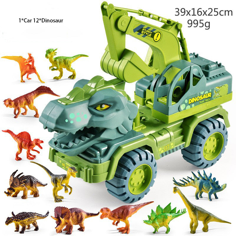 Green dinosaur toy truck with blue wheels and dinosaur figures, kids playset