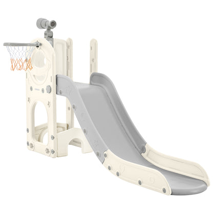 Kids Slide Playset Structure 5 in 1, Freestanding Spaceship Set with Slide, Telescope and Basketball Hoop Grey+White + HDPE