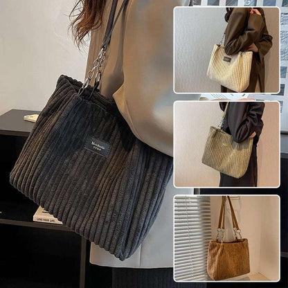 Casual Corduroy Shopper Tote with Zipper Retro Large Capacity Shoulder Bag Casual | Ectron Online