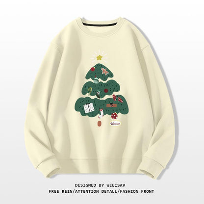 Beige sweatshirt with a green Christmas tree design on a white background