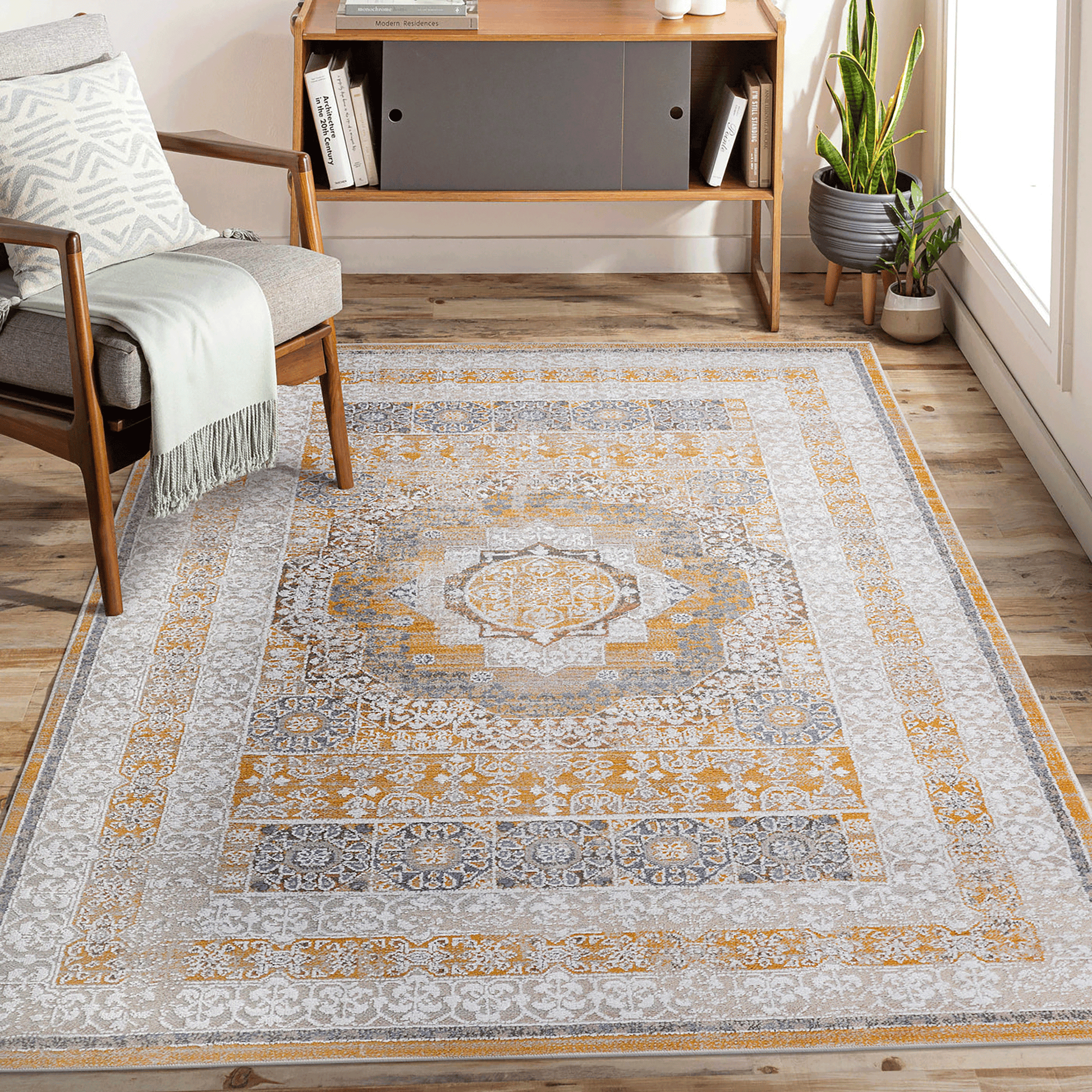 Classic 5x7 Payas area rug featuring an intricate ivory medallion pattern on a cream background, perfect for traditional or modern decor.