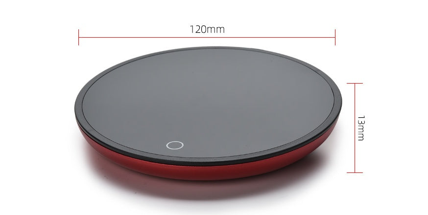 Round black and red device with dimensions indicated on a white background