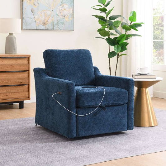 Comfortable navy blue swivel armchair in soft chenille fabric featuring integrated USB and Type-C charging ports and a side magazine pocket.