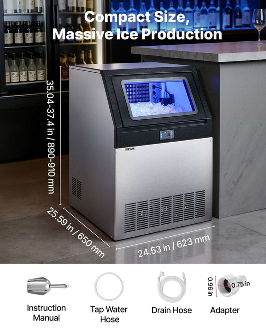 Commercial stainless steel ice maker with LED display showing fresh ice cubes in a professional kitchen environment.