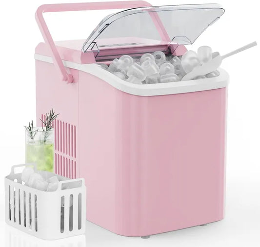 Compact black countertop ice maker with handle producing bullet-shaped ice cubes in a modern kitchen
