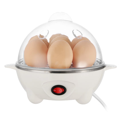 White electric egg cooker with clear lid and three eggs inside, red power switch visible