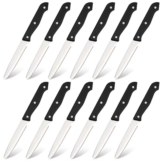 12-piece stainless steak knives with black handles and polished pointed blades