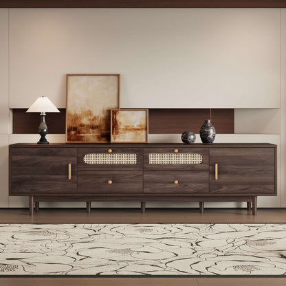 Dark brown modern TV stand with two central drawers and open shelf compartments