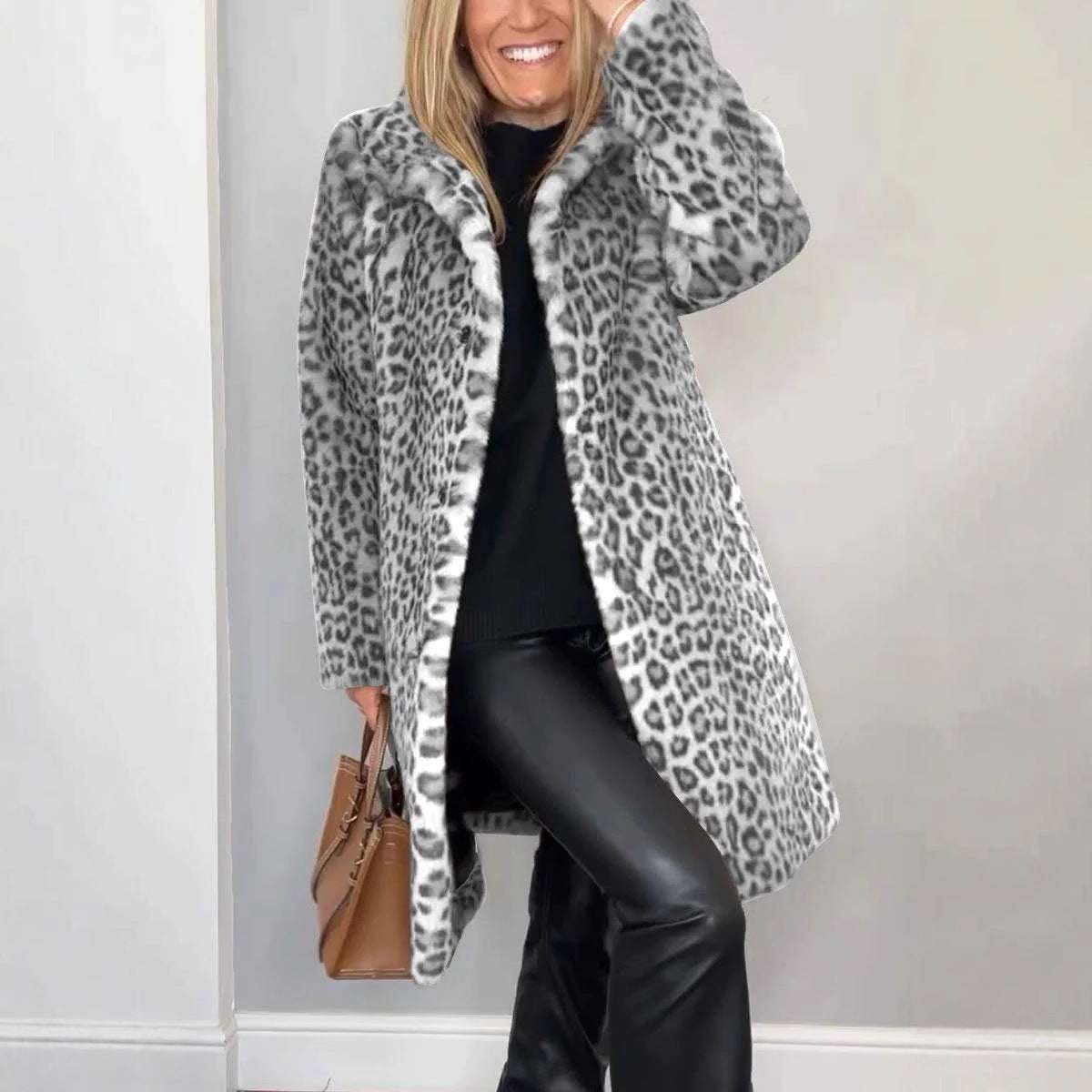 Cozy Leopard Print Mid-Length Coat Fall Winter Leopard Print Plush Mid-leng | Ectron Online