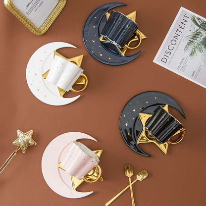 Creative Ceramic Cup with Star and Moon Saucer - Celestial Gold Trim Coffee Set Creative Ceramic Cup With Star And Moon | Ectron Online