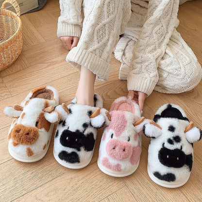 Cute Cartoon Cow Plush Slippers – Warm, Non-Slip for Couples Cute Cartoon Cow Plush Slippers Winter W | Ectron Online