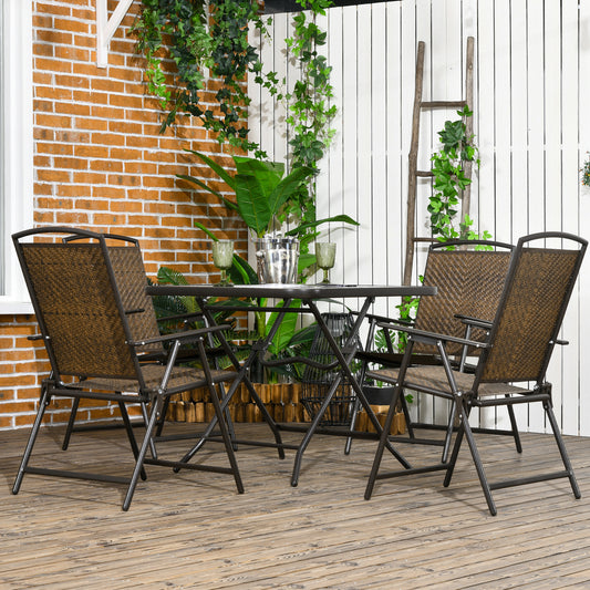 Dark brown 5-piece foldable wicker patio dining set with an umbrella hole in the center of the table