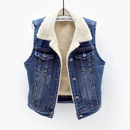 Denim vest with white sherpa lining on a white background