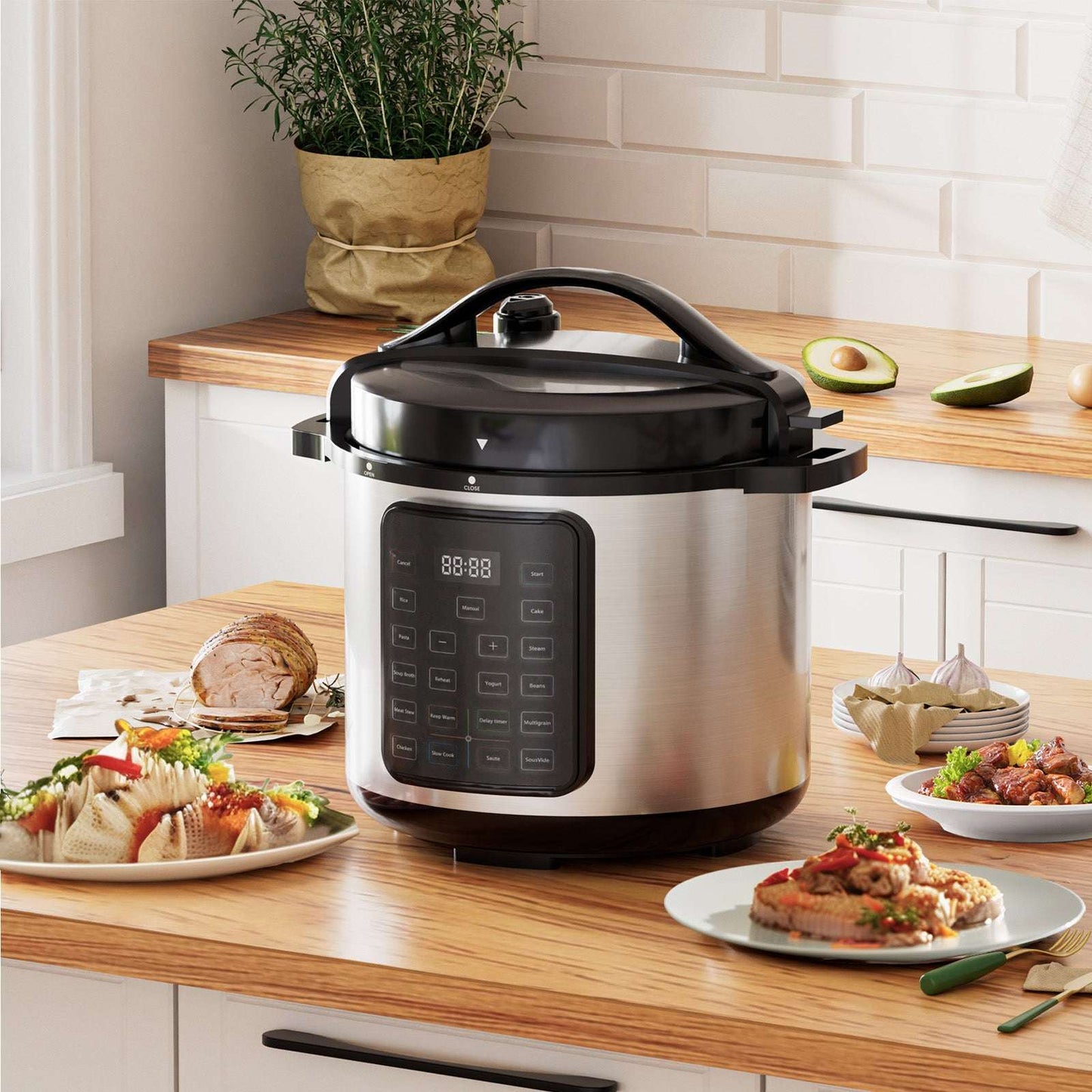 Electric pressure cooker on countertop with stainless body, black lid, and digital control panel