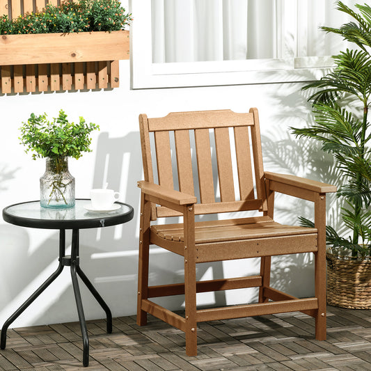 Durable brown HDPE dining chair with a textured wood-grain finish, designed for heavy-duty outdoor use on a lawn, deck, or porch.