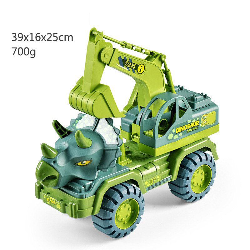 Dinosaur excavator truck toy in green with blue wheels and green dino head