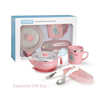 VALUEDER Baby Stainless Steel Feeding set with Baby Feeding Bowl Baby Spoon and Baby Cup As Gift Box