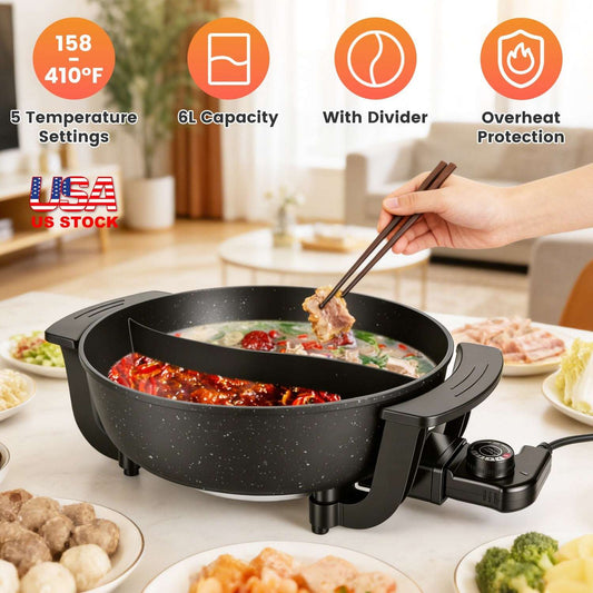 Electric 6L dual-flavor hot pot with a divider and 5-temperature control settings on a dining table for a family gathering