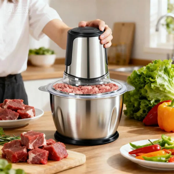 Electric food processor with dual bowls being used to grind meat and chop fresh vegetables on a kitchen countertop