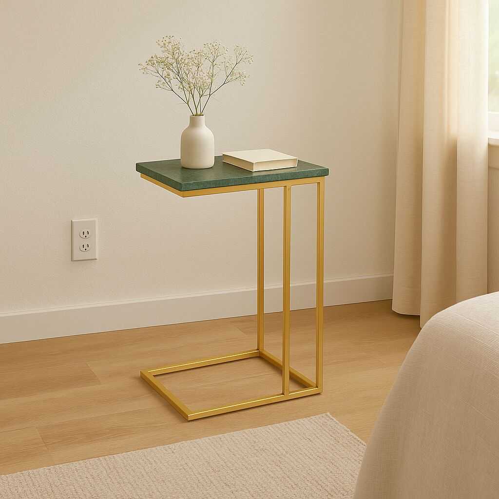 Green marble end table with gold metal frame, rectangular top and open lower shelf