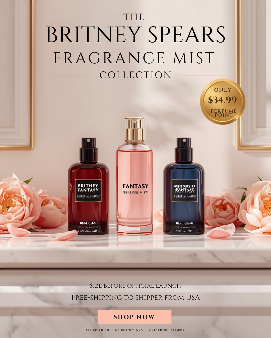 Britney Spears fragrance mist collection: three spray bottles, pink center with two dark bottles