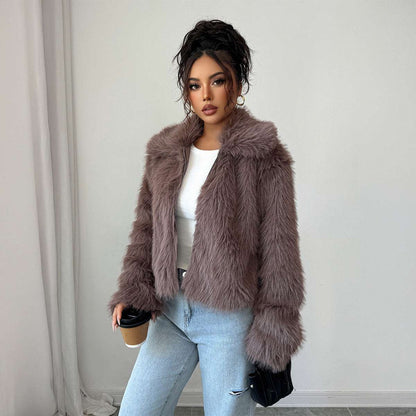 Women’s faux fur long-sleeve overcoat, mauve, plush texture, open front