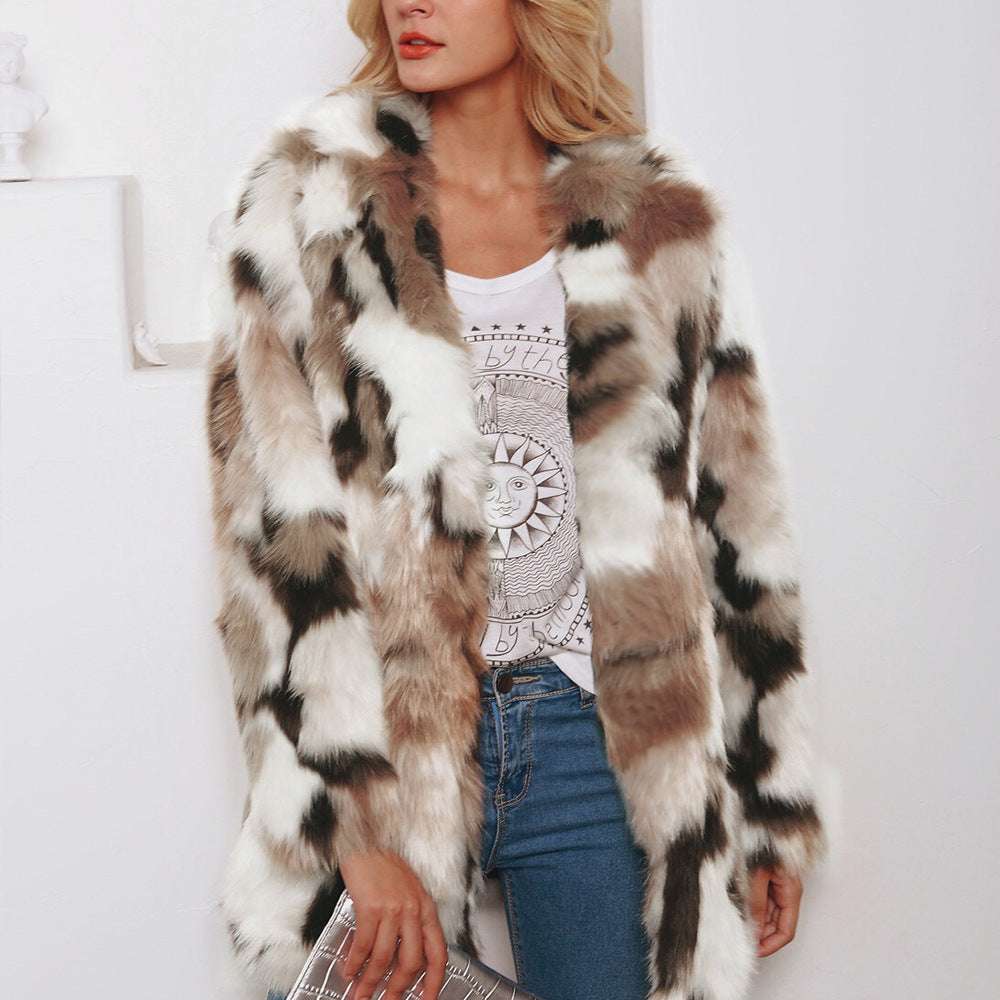 European And American Fashion Tailored Suit Collar Mixed Color Faux Fur Coat