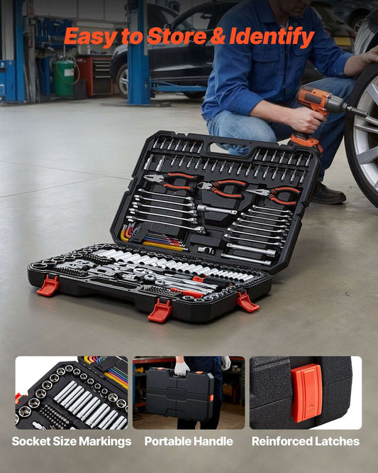 Extensive 314-piece mechanics tool kit with sockets, wrenches, and bits organized in a heavy-duty multi-tier storage case