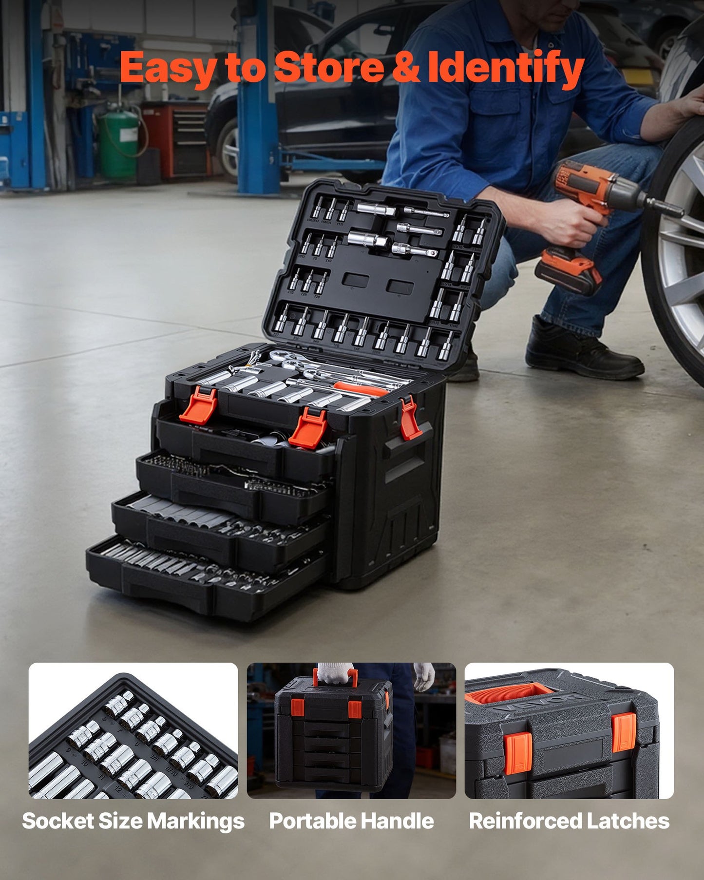 Extensive 297-piece silver mechanic tool set with sockets, wrenches, and accessories neatly organized in a durable black storage case