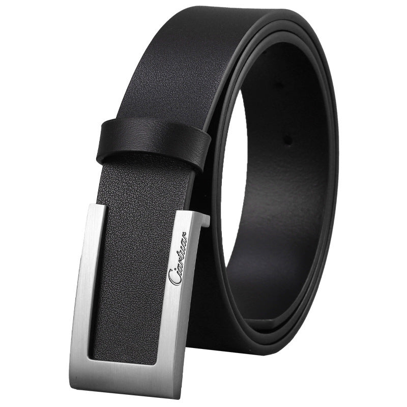 Black leather belt with silver buckle on a white background
