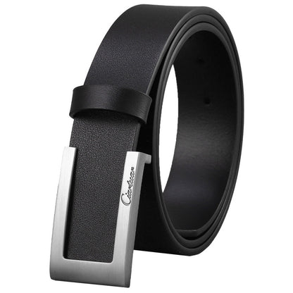 Black leather belt with silver buckle on a white background