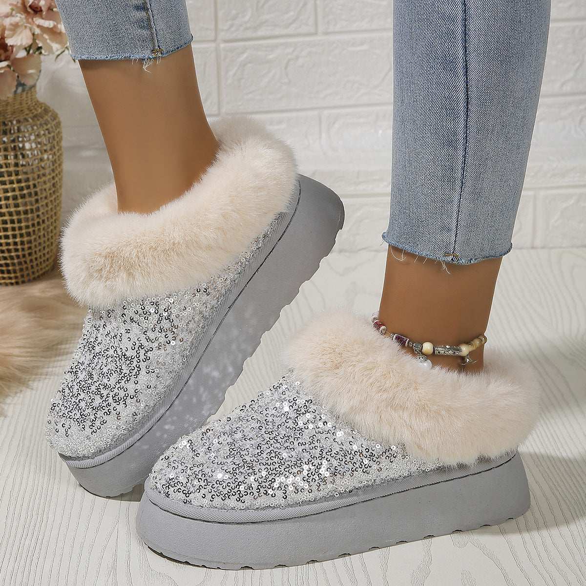 Fashion Sequined Plush Shoes – Thick Sole Warm Winter Slippers Fashion Sequined Thick-soled Plush Shoes | Ectron Online