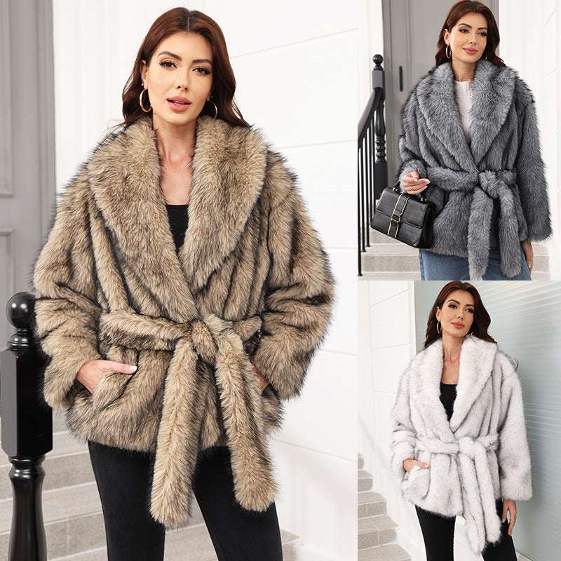 Fashionable Mid-Length Fur Coat - Elegant - belted Style Fur Mid-length Coat With Belt Fashionabl | Ectron Online
