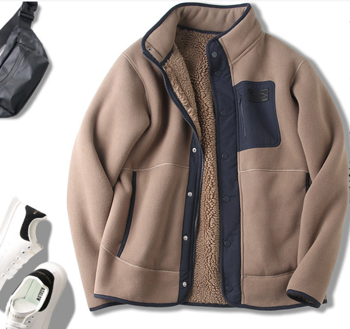 Tan fleece-lined thick jacket with navy button placket and chest pocket; front zipper