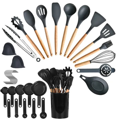 Kitchen silicone and steel utensil set, black heads and light wood handles