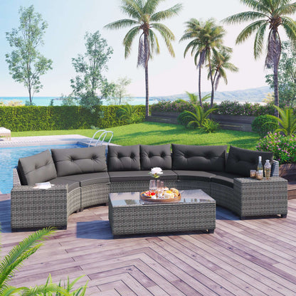 Gray outdoor wicker sectional sofa set with round half-moon seats and gray cushions