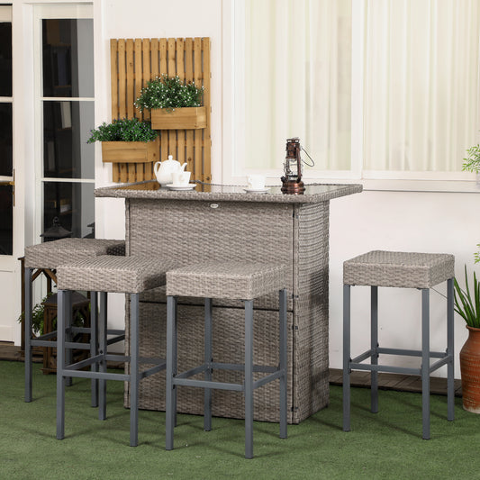 Gray 5-piece rattan wicker bar set showing the high top table with interior storage shelves and four matching stools