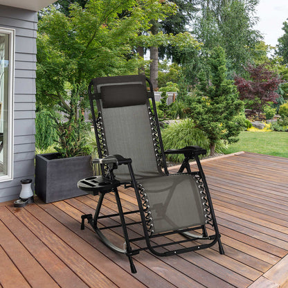 Gray foldable rocking chair with cup holder and padded headrest