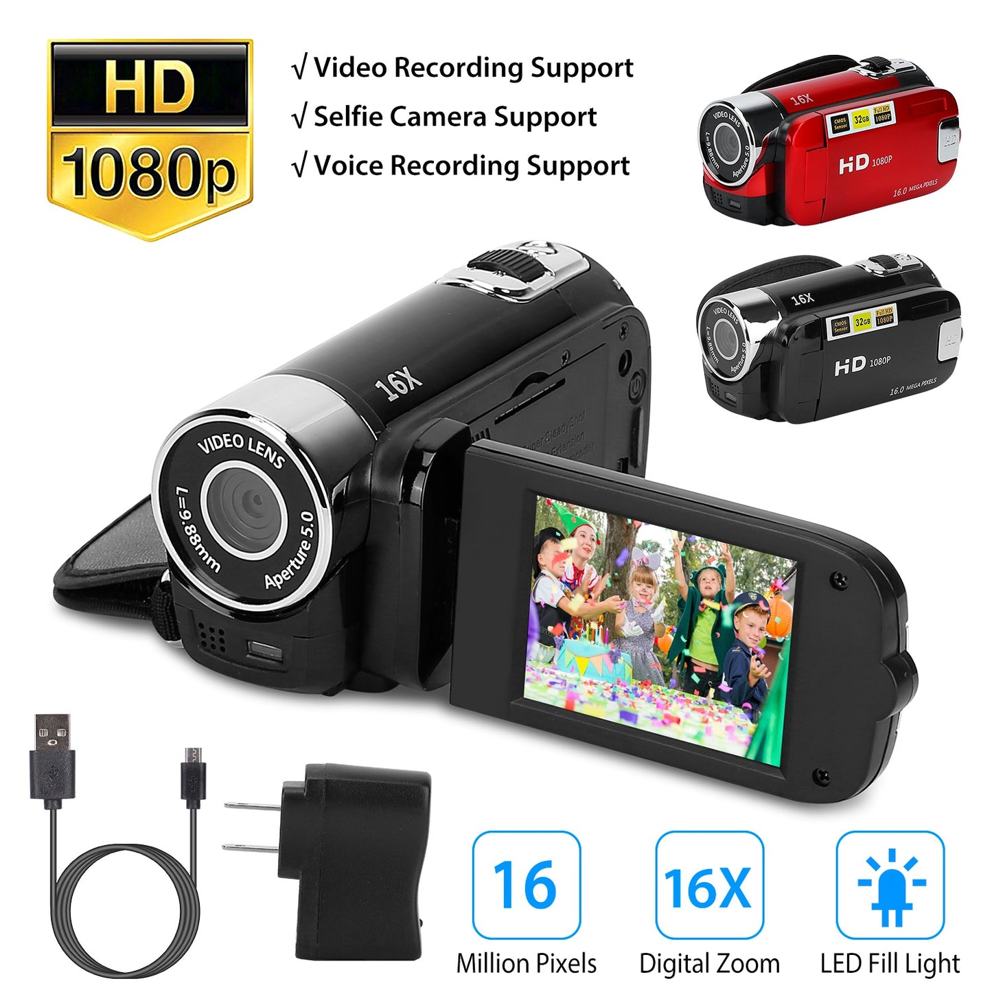 HD 1080P Digital Video Camcorder | 16X Zoom Camera with 270° Screen