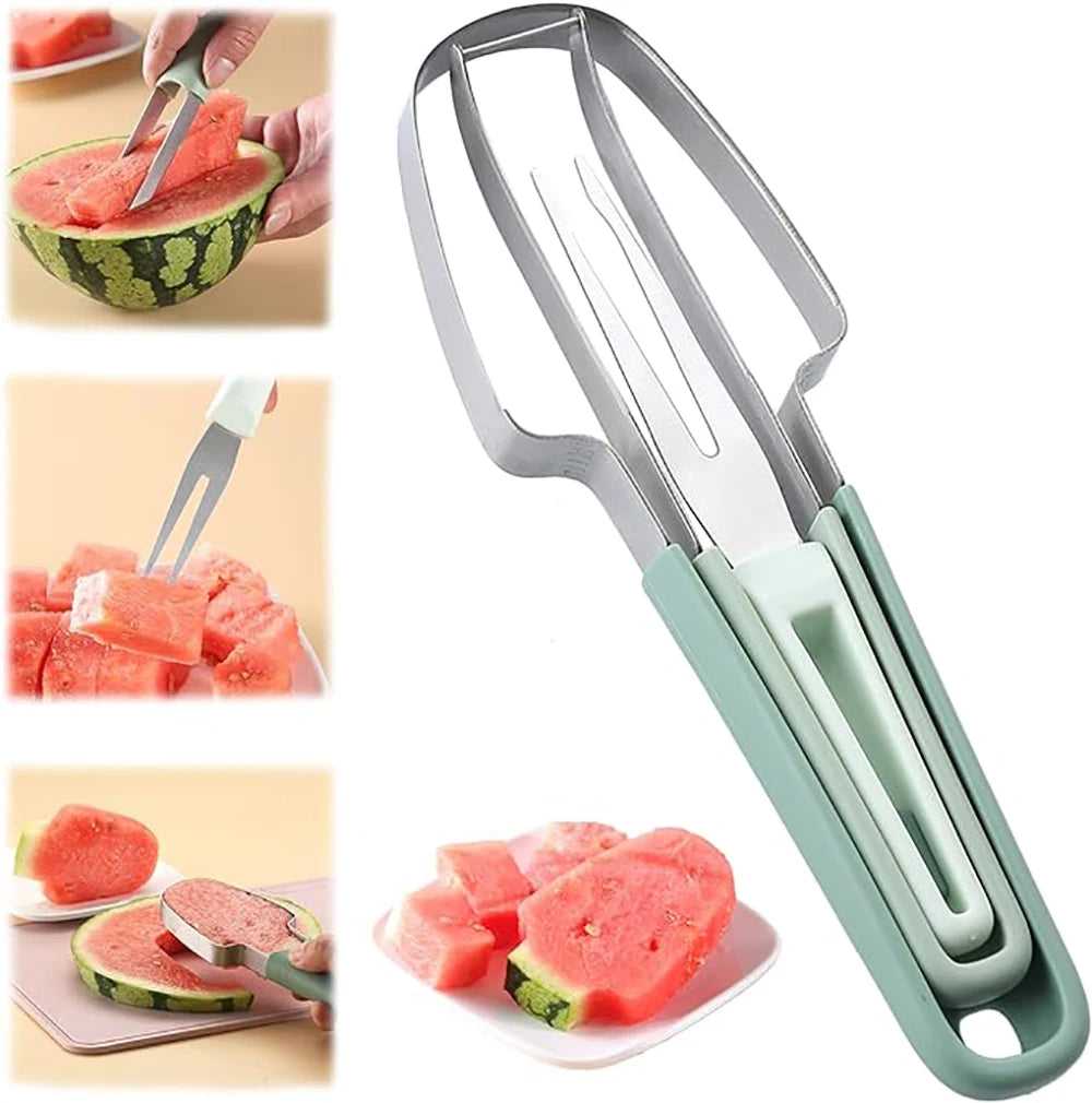 Stainless steel watermelon cutter with mint-green handle and slicing tines.