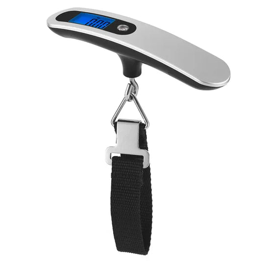 Handheld silver and black digital luggage scale weighing a blue suitcase, showing the weight clearly on the LCD screen