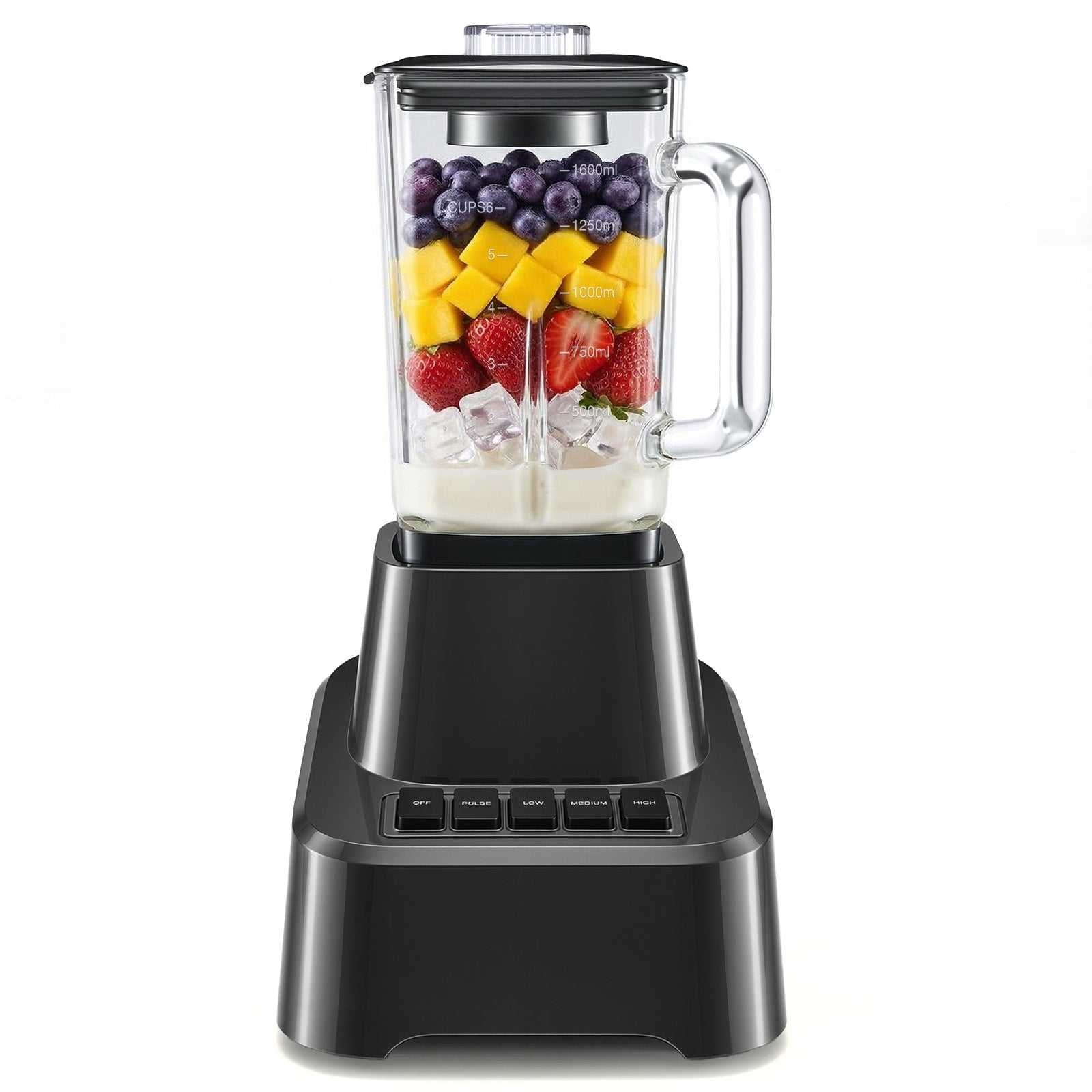 54oz glass jar ice cream blender with black base and lid; fruit and ice inside