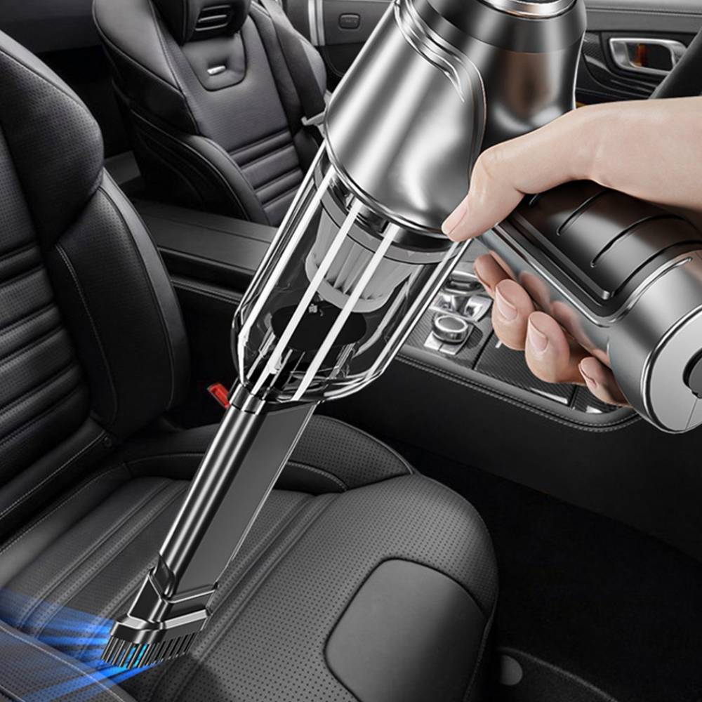 A hand-held vacuum cleaner being used in a car interior, displaying various nozzle attachments and the suction effect on a clear dust container.
