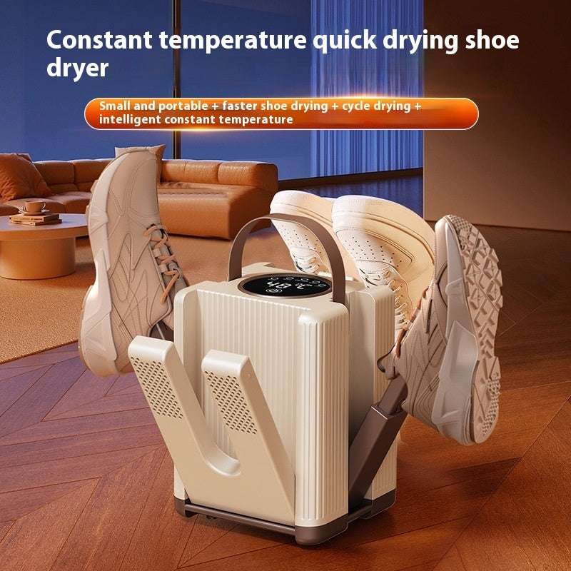 Constant temperature quick drying shoe dryer with shoes on a wooden floor.