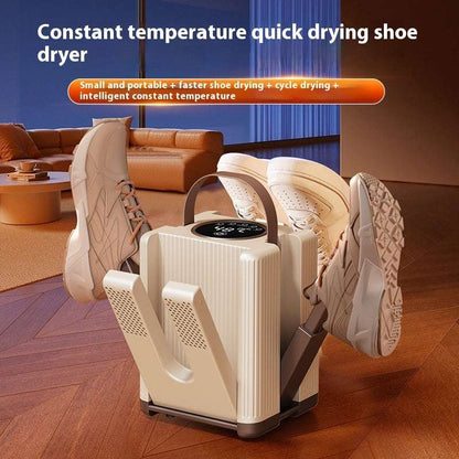 Constant temperature quick drying shoe dryer with shoes on a wooden floor.
