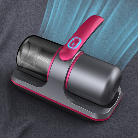 A rechargeable, wireless UV sterilization vacuum cleaner in gray and red colors, designed for household use on a bed.