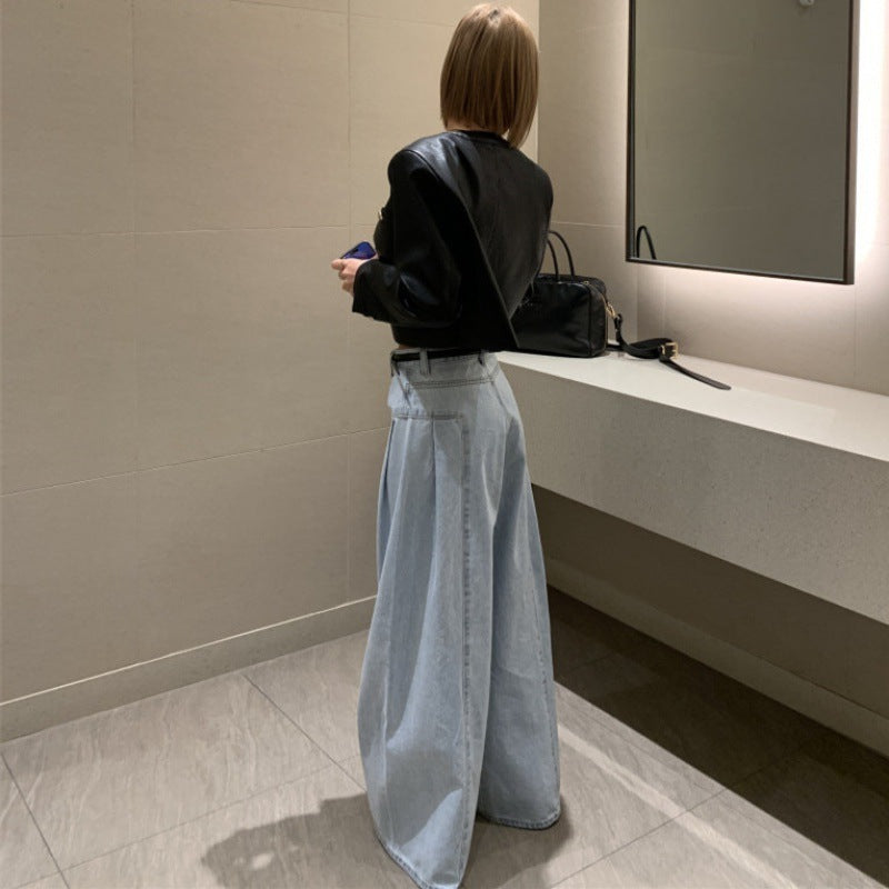 Korean Style High Waist Wide-Leg Jeans - Pleated Stitching

