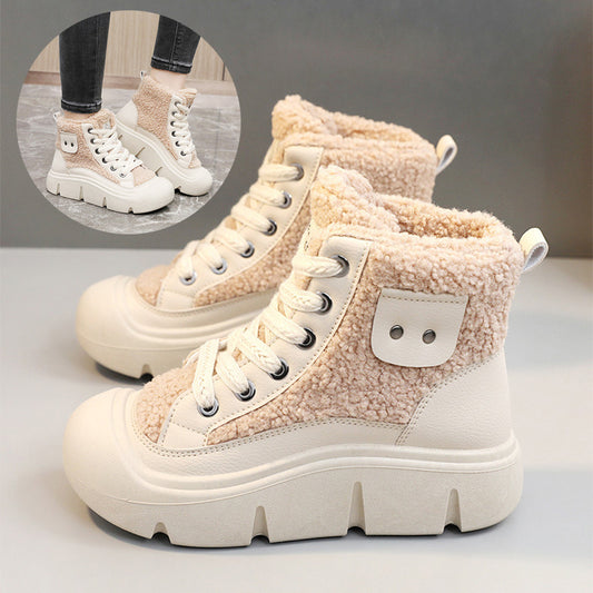 A pair of beige lace-up high-top flat shoes with cashmere lining, designed for women's winter wear.