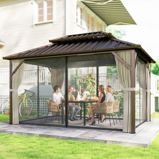 Large 10' x 14' brown hardtop gazebo with a double-tier galvanized steel roof and aluminum posts on a luxury stone patio