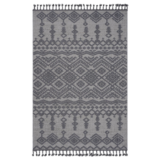 Large 6x9 traditional style area rug in white and gray, suitable for both patio decks and indoor living rooms from the Guros Collection.
